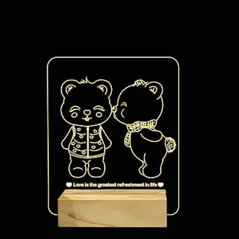 Cute Teddy Night Lamp with Warm White Color Gift for Loveable Person Wooden Base