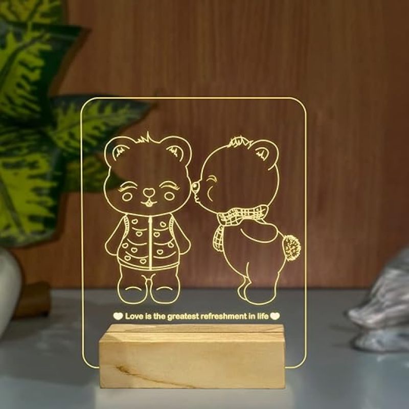 Cute Teddy Night Lamp with Warm White Color Gift for Loveable Person Wooden Base