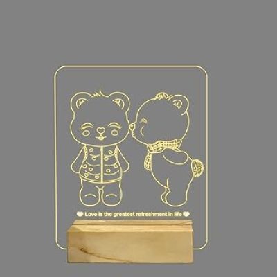 Cute Teddy Night Lamp with Warm White Color Gift for Loveable Person Wooden Base