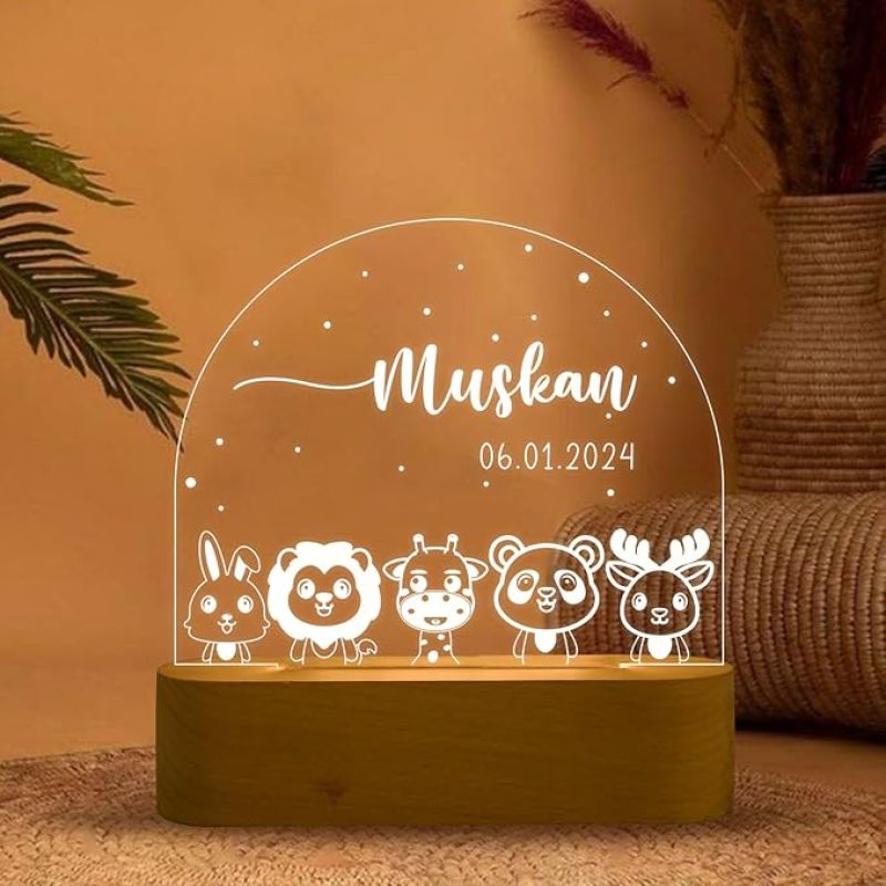 Personalized Name & Date Night Lamp with Warm White Light Baby Animal Design Birthday Gift Kids, Wife, Girlfriend, Room Decor Light