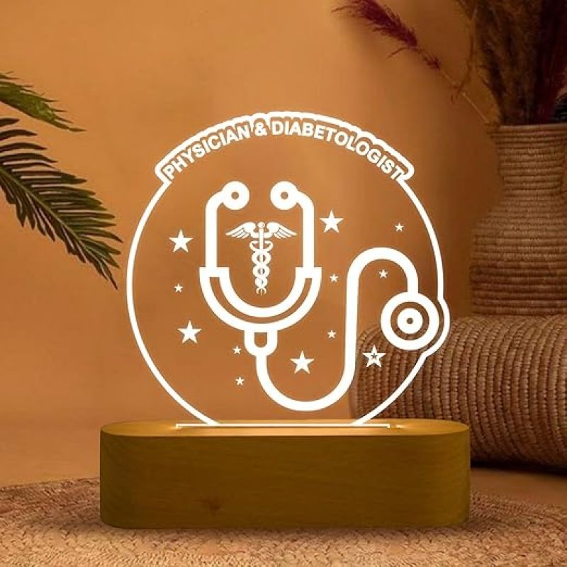 3D Illusion Physician & Diabetologist Night Lamp with Warm White Light Stethoscope Symbol Gift for Doctor & Office Decor Light