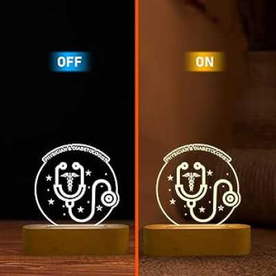 3D Illusion Physician & Diabetologist Night Lamp with Warm White Light Stethoscope Symbol Gift for Doctor & Office Decor Light