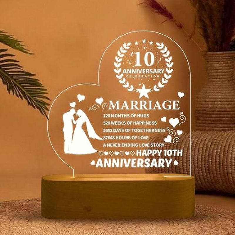 Happy 10th Anniversary Couple Night Lamp with Warm White Light Gift for Parents, Husband, Wife, Friends, Bhaiya Bhabhi Wedding Anniversary Gift