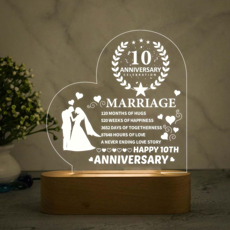 Happy 10th Anniversary Couple Night Lamp with Warm White Light Gift for Parents, Husband, Wife, Friends, Bhaiya Bhabhi Wedding Anniversary Gift