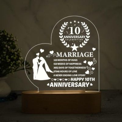 Happy 10th Anniversary Couple Night Lamp with Warm White Light Gift for Parents, Husband, Wife, Friends, Bhaiya Bhabhi Wedding Anniversary Gift