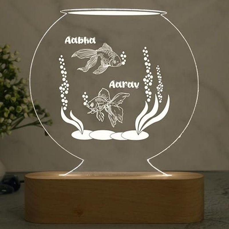 3D Illusion Fish Aquarium Design Led Night Lamp with Warm White Color Personalized with Couple Name Showpiece for Home Office Decoration