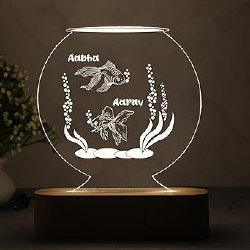 3D Illusion Fish Aquarium Design Led Night Lamp with Warm White Color Personalized with Couple Name Showpiece for Home Office Decoration