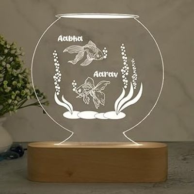 3D Illusion Fish Aquarium Design Led Night Lamp with Warm White Color Personalized with Couple Name Showpiece for Home Office Decoration