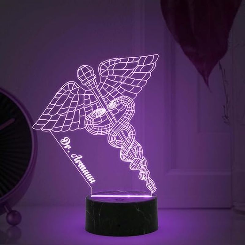 3D Illusion Caduceus Symbol Doctor Night Lamp with Automatic Color Changing Light Customize with Name Gift For Doctors