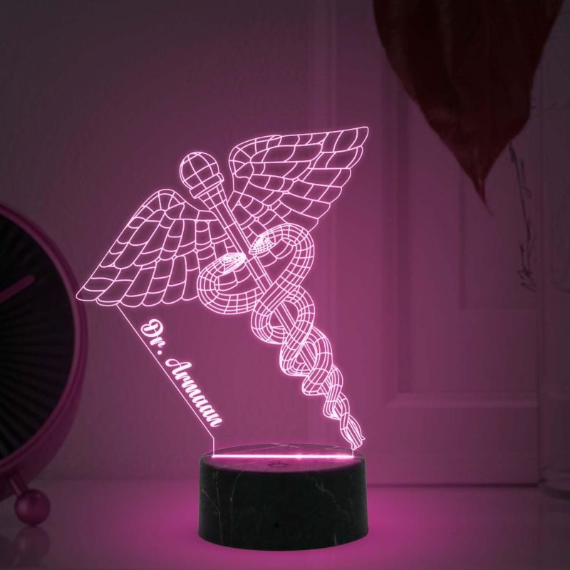 3D Illusion Caduceus Symbol Doctor Night Lamp with Automatic Color Changing Light Customize with Name Gift For Doctors