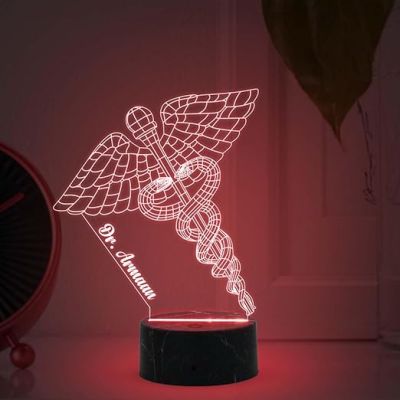 3D Illusion Caduceus Symbol Doctor Night Lamp with Automatic Color Changing Light Customize with Name Gift For Doctors