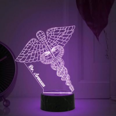3D Illusion Caduceus Symbol Doctor Night Lamp with Automatic Color Changing Light Customize with Name Gift For Doctors