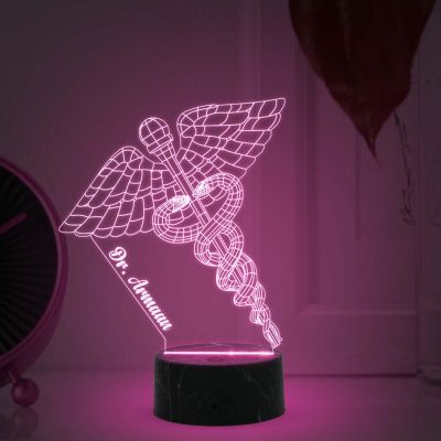 3D Illusion Caduceus Symbol Doctor Night Lamp with Automatic Color Changing Light Customize with Name Gift For Doctors