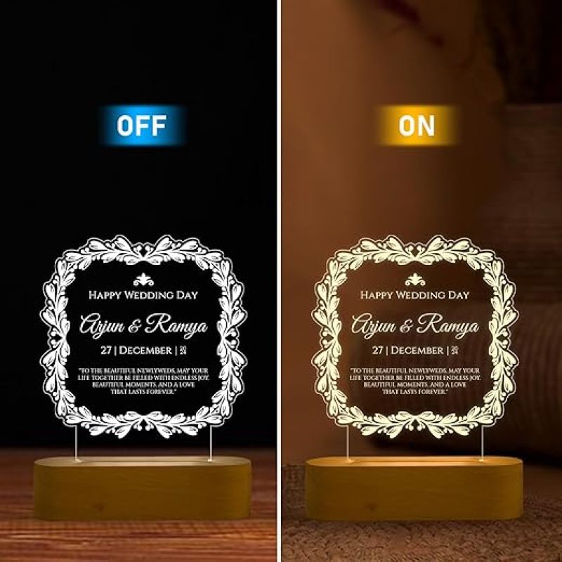 Personalized Happy Wedding Day Night Lamp with Warm White Light Customized with Name & Date Wedding Gift for Friends & Marriage Couple