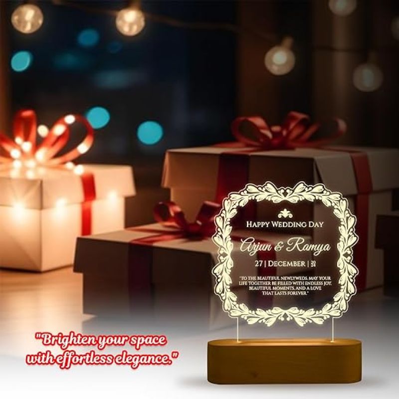 Personalized Happy Wedding Day Night Lamp with Warm White Light Customized with Name & Date Wedding Gift for Friends & Marriage Couple