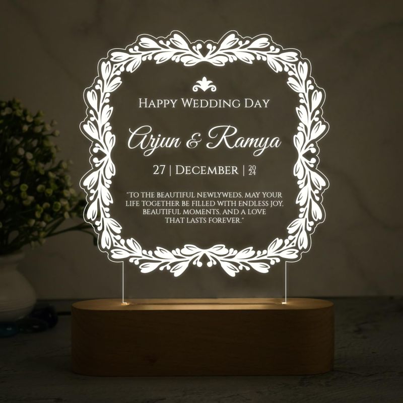 Personalized Happy Wedding Day Night Lamp with Warm White Light Customized with Name & Date Wedding Gift for Friends & Marriage Couple