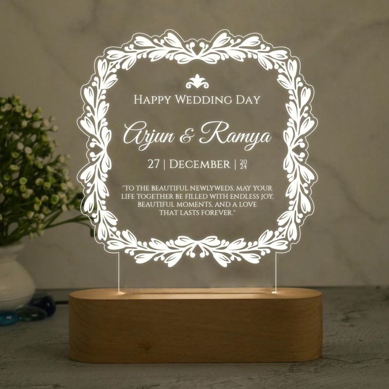 Personalized Happy Wedding Day Night Lamp with Warm White Light Customized with Name & Date Wedding Gift for Friends & Marriage Couple