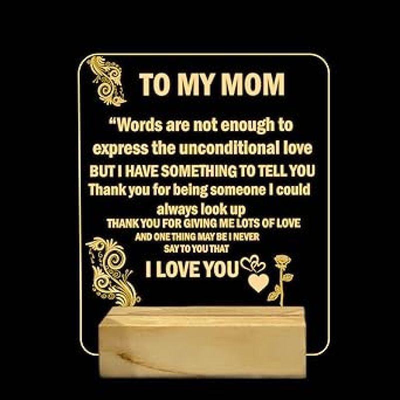 To My Mom Engraved English Quote Led Night Lamp with Warm White Color Birthday Gifts for Mom Wooden Base