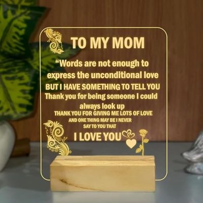 To My Mom Engraved English Quote Led Night Lamp with Warm White Color Birthday Gifts for Mom Wooden Base