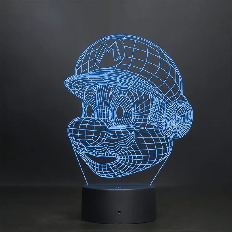 3D Illusion Mario Face CartoonLed Night Lamp 7 Color Changing Light Gift for Cartoon Lover Best Gift for Children Girls Boys Circle Base