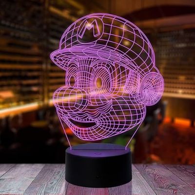 3D Illusion Mario Face CartoonLed Night Lamp 7 Color Changing Light Gift for Cartoon Lover Best Gift for Children Girls Boys Circle Base