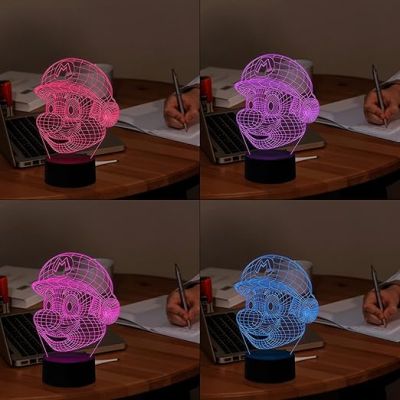 3D Illusion Mario Face CartoonLed Night Lamp 7 Color Changing Light Gift for Cartoon Lover Best Gift for Children Girls Boys Circle Base