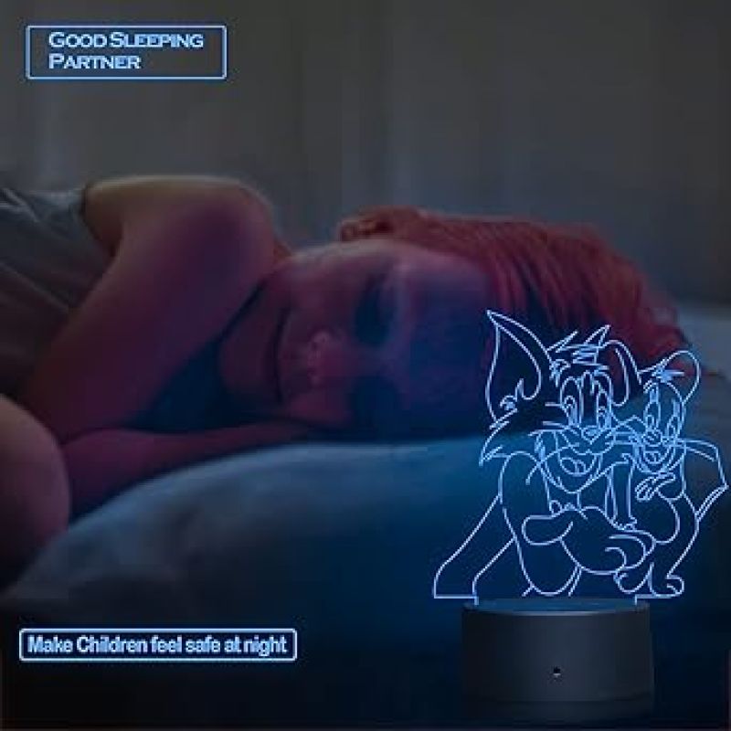3D Illusion Cartoon Tom & Jerry Led Night Lamp 16 Color Changing Light with Remote Control Best Gift for Children Girls Boys Kids Room Decoration Circle Base