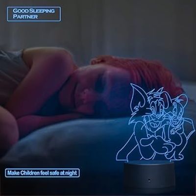 3D Illusion Cartoon Tom & Jerry Led Night Lamp 16 Color Changing Light with Remote Control Best Gift for Children Girls Boys Kids Room Decoration Circle Base