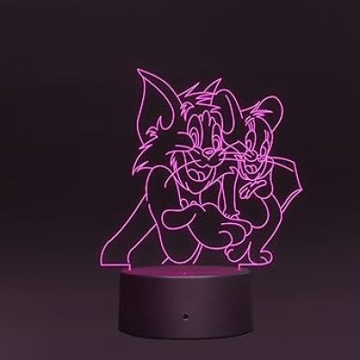 3D Illusion Cartoon Tom & Jerry Led Night Lamp 16 Color Changing Light with Remote Control Best Gift for Children Girls Boys Kids Room Decoration Circle Base