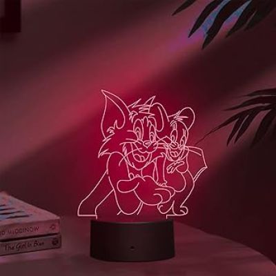 3D Illusion Cartoon Tom & Jerry Led Night Lamp 16 Color Changing Light with Remote Control Best Gift for Children Girls Boys Kids Room Decoration Circle Base
