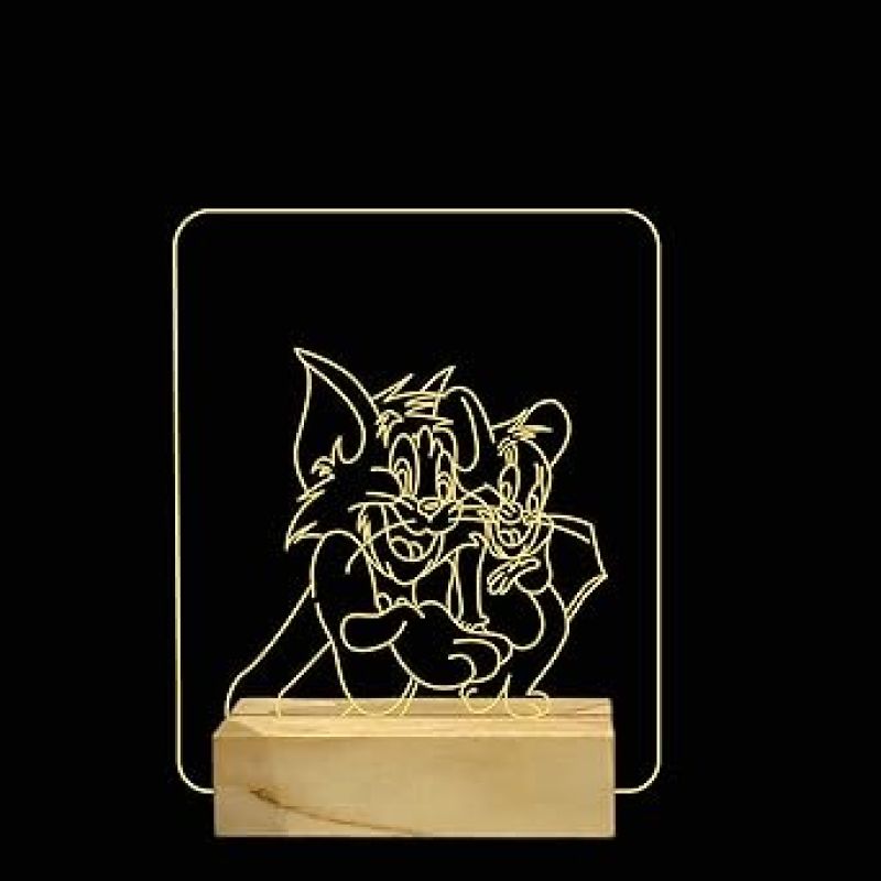 3D Illusion Cartoon Tom & Jerry Night Lamp with Warm White Color Best Gift for Children Girls Boys Kids Room Decoration Wooden Base