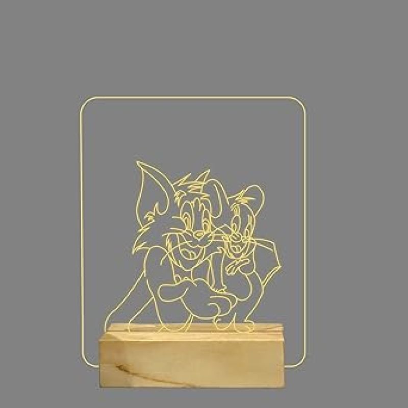 3D Illusion Cartoon Tom & Jerry Night Lamp with Warm White Color Best Gift for Children Girls Boys Kids Room Decoration Wooden Base