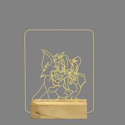 3D Illusion Cartoon Tom & Jerry Night Lamp with Warm White Color Best Gift for Children Girls Boys Kids Room Decoration Wooden Base