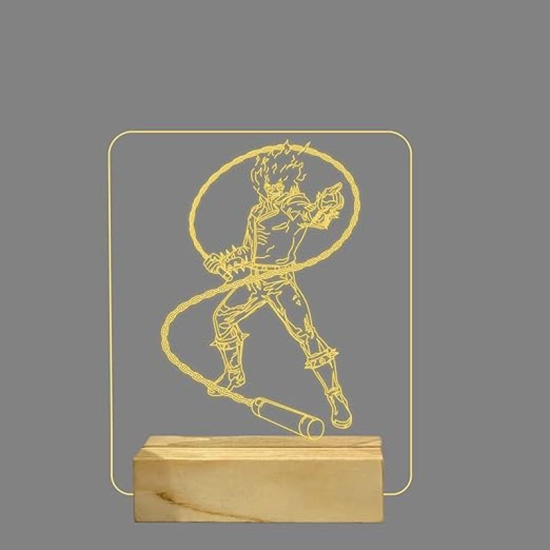3D Illusion Ghost Raider Led Night Lamp with Warm White Color Gift for Anime Lover Wooden Base