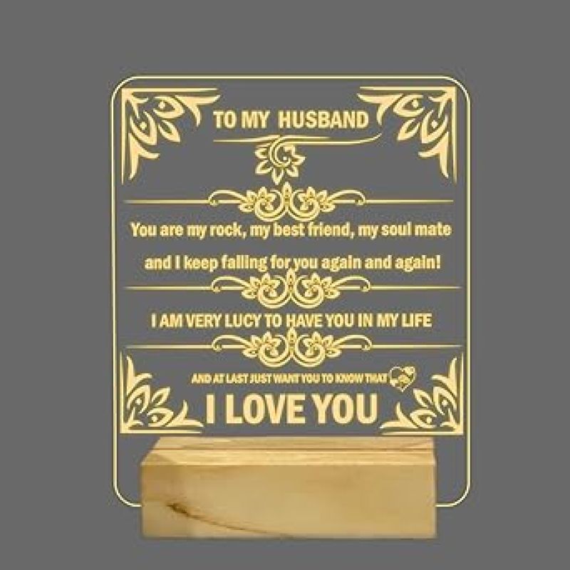 To My Husband Engraved English Quote Night Lamp with Warm White Color Birthday Gift for Husband Anniversary Gift for Husband Wooden Base