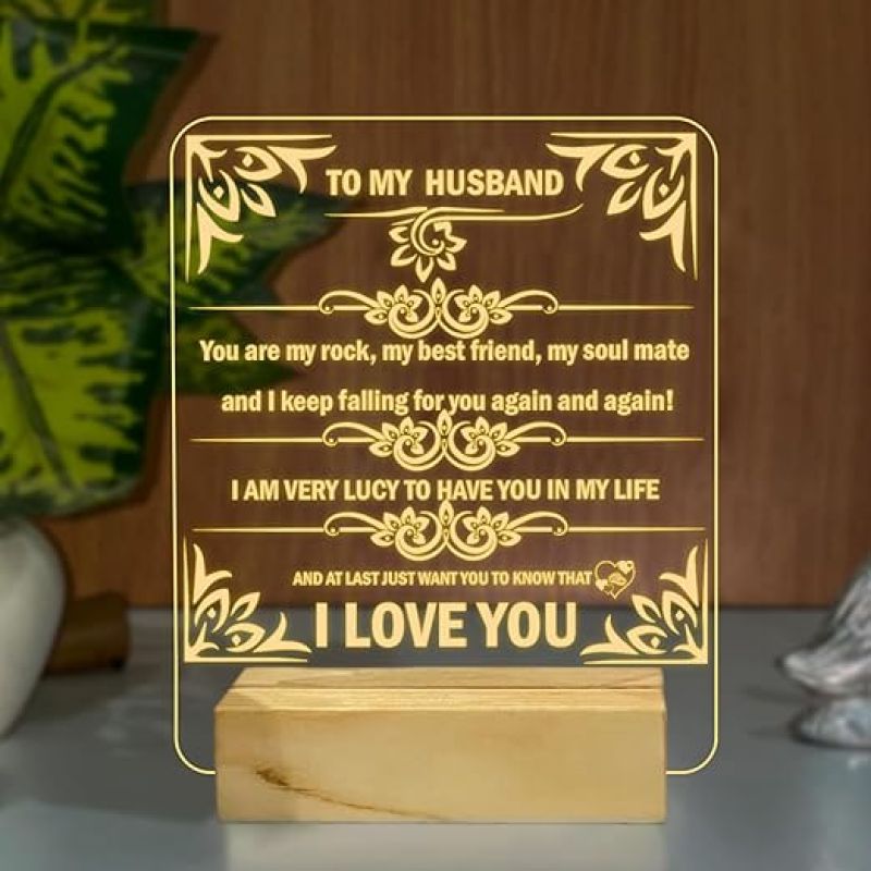 To My Husband Engraved English Quote Night Lamp with Warm White Color Birthday Gift for Husband Anniversary Gift for Husband Wooden Base