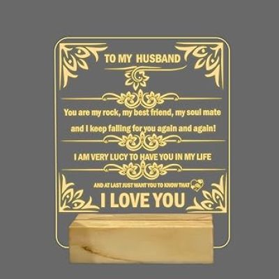 To My Husband Engraved English Quote Night Lamp with Warm White Color Birthday Gift for Husband Anniversary Gift for Husband Wooden Base