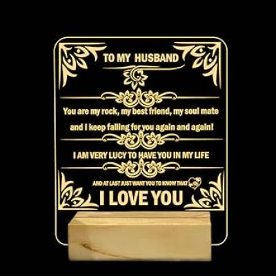 To My Husband Engraved English Quote Night Lamp with Warm White Color Birthday Gift for Husband Anniversary Gift for Husband Wooden Base