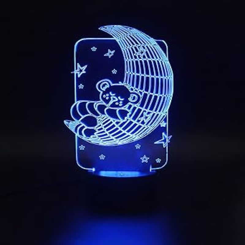 3D Illusion Moon Bear Design Led Night Lamp 7 Color Changing Light Gift For Kids & Kids Room Decor Circle Base