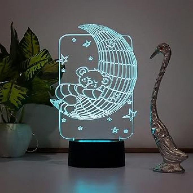 3D Illusion Moon Bear Design Led Night Lamp 7 Color Changing Light Gift For Kids & Kids Room Decor Circle Base