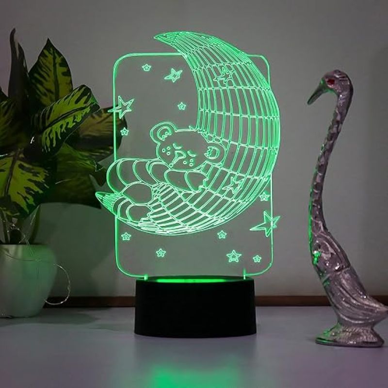 3D Illusion Moon Bear Design Led Night Lamp 7 Color Changing Light Gift For Kids & Kids Room Decor Circle Base