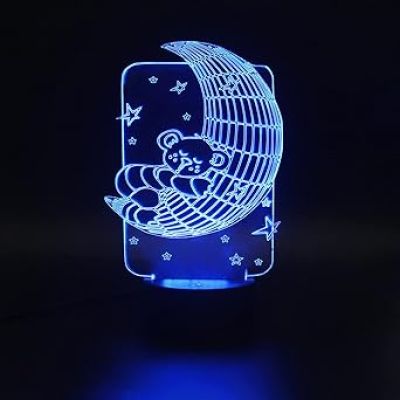 3D Illusion Moon Bear Design Led Night Lamp 7 Color Changing Light Gift For Kids & Kids Room Decor Circle Base