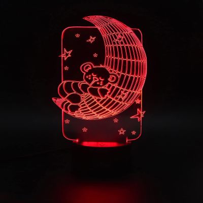 3D Illusion Moon Bear Design Led Night Lamp 7 Color Changing Light Gift For Kids & Kids Room Decor Circle Base