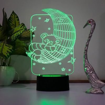 3D Illusion Moon Bear Design Led Night Lamp 7 Color Changing Light Gift For Kids & Kids Room Decor Circle Base