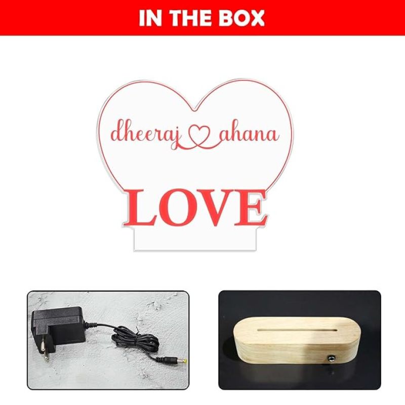 Personalized Couple Name Heart & Love Design Night Lamp with Warm White Light Gift For Husband, Wife
