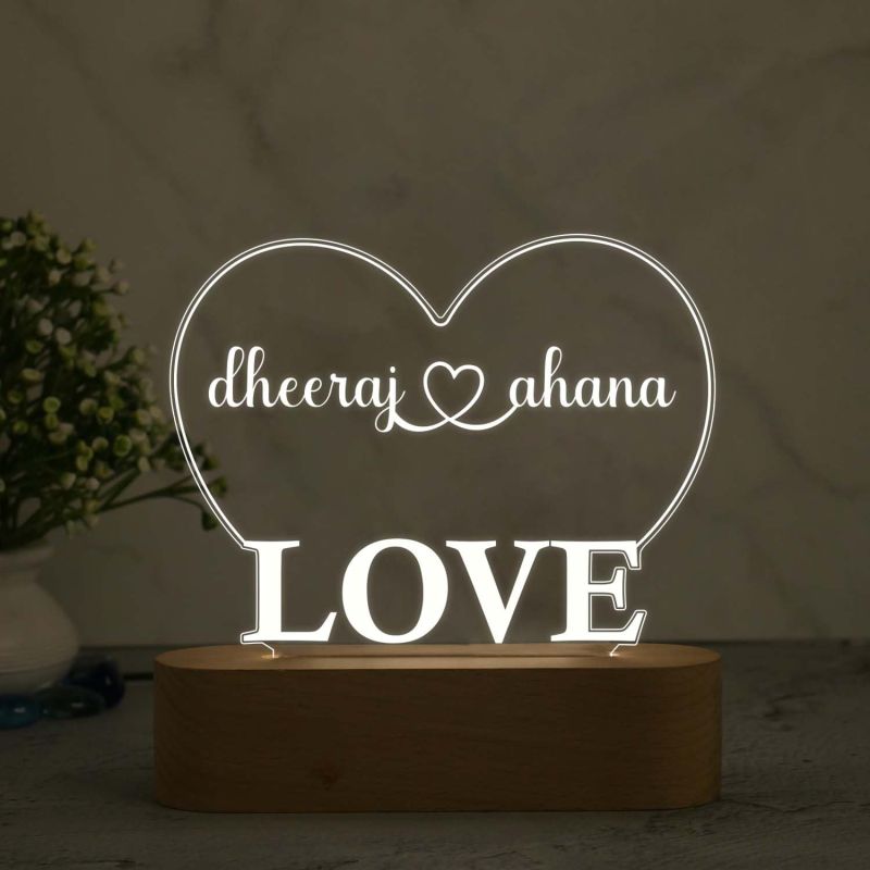 Personalized Couple Name Heart & Love Design Night Lamp with Warm White Light Gift For Husband, Wife
