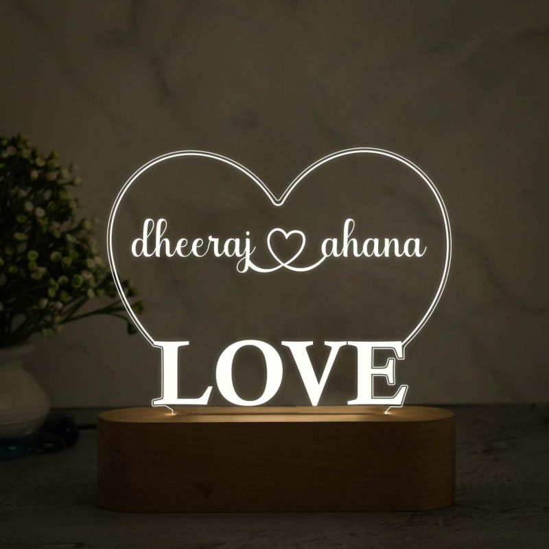 Personalized Couple Name Heart & Love Design Night Lamp with Warm White Light Gift For Husband, Wife