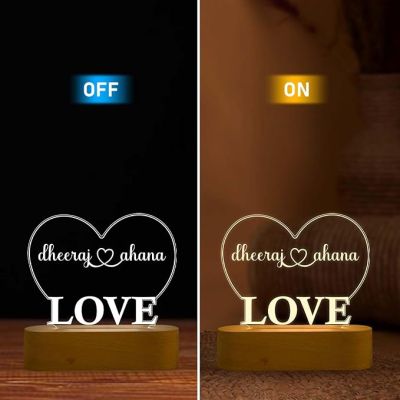 Personalized Couple Name Heart & Love Design Night Lamp with Warm White Light Gift For Husband, Wife