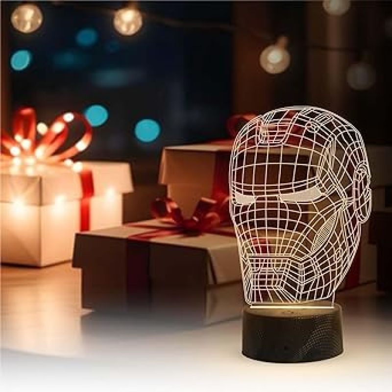 3D Illusion Iron Man Head Night Lamp with Warm White Light Gift for Marvel Fan Kids Room Decor Light