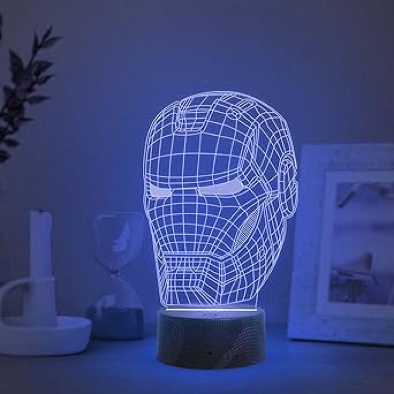 3D Illusion Iron Man Head Night Lamp with Multicolored Light Gift for Marvel Fan Kids Room Decor Light